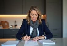 Femme en blazer navy remplissant un formulaire de changement d'adresse