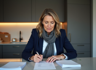 Femme en blazer navy remplissant un formulaire de changement d'adresse