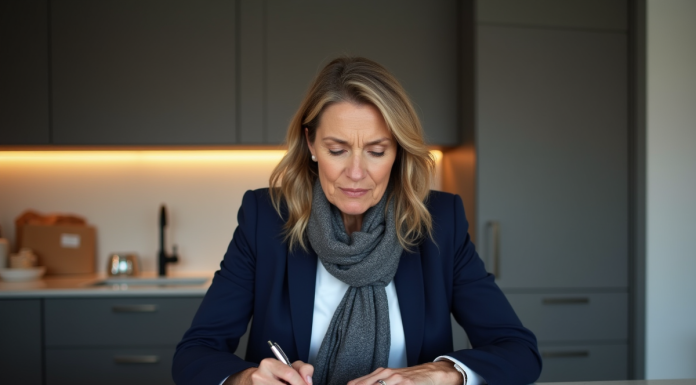 Femme en blazer navy remplissant un formulaire de changement d'adresse