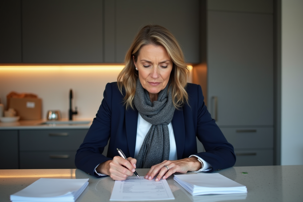 Femme en blazer navy remplissant un formulaire de changement d'adresse