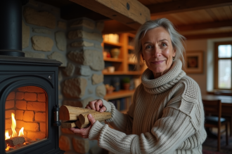 Femme d'âge moyen empilant du bois près de la cheminée