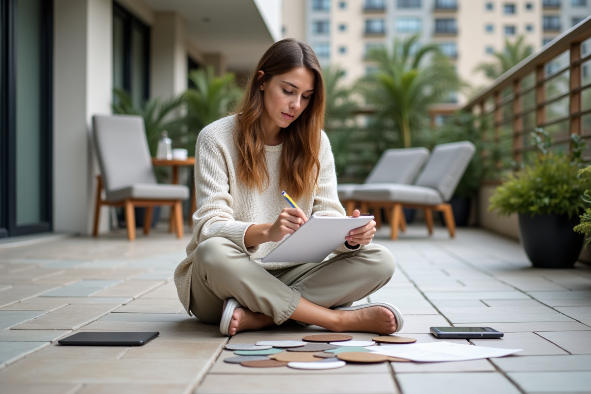 Femme examine des échantillons de carrelage sur terrasse