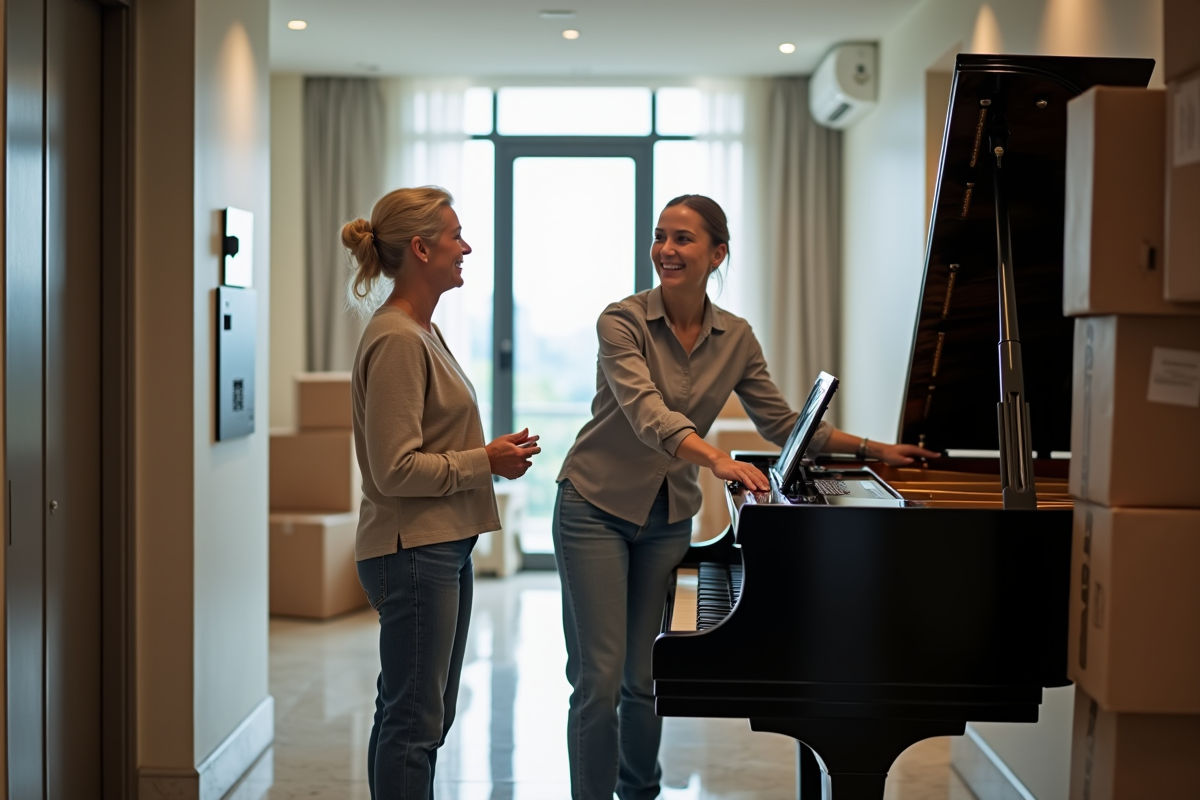 Une femme souriante discute avec une déménageuse près d’un piano dans un couloir