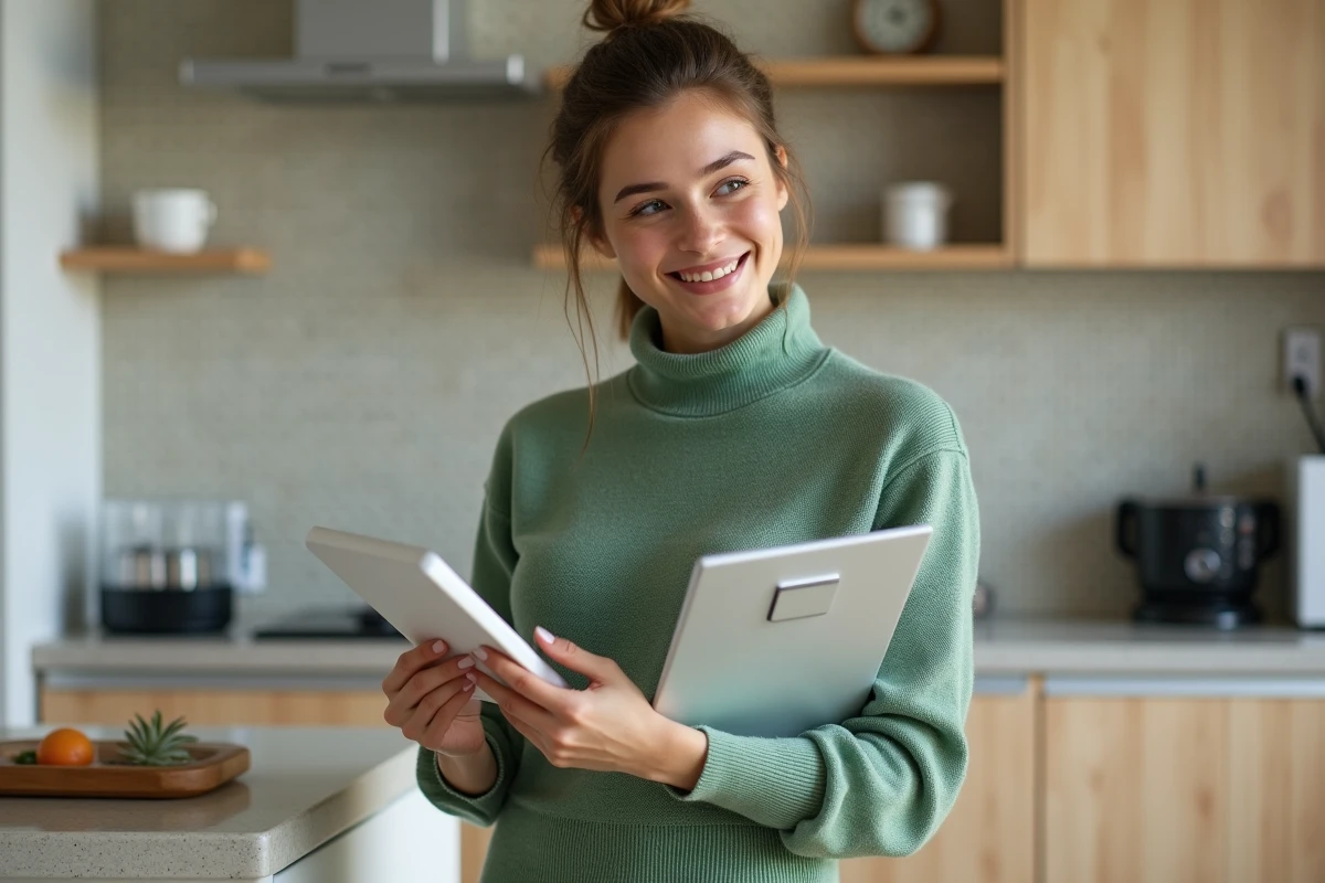 Jeune femme tenant un interrupteur sans fil dans la cuisine