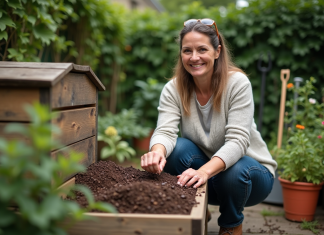 Composter des grains de café entiers : comment et pourquoi le faire ? Femme en jeans et pull clair compostant avec des grains de cafe