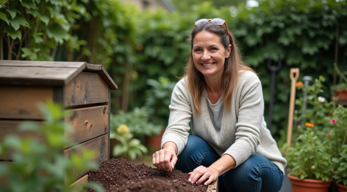 Femme en jeans et pull clair compostant avec des grains de cafe