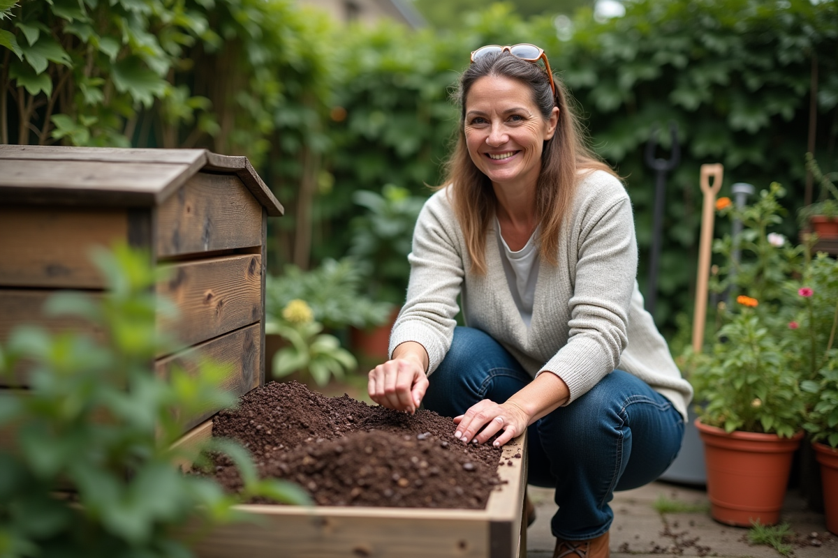 Femme en jeans et pull clair compostant avec des grains de cafe