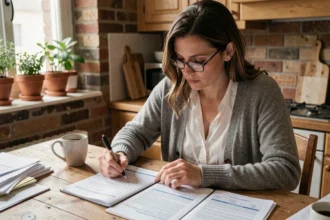 Femme consultant un contrat d'assurance habitation GMF à une table de cuisine avec annotations manuscrites