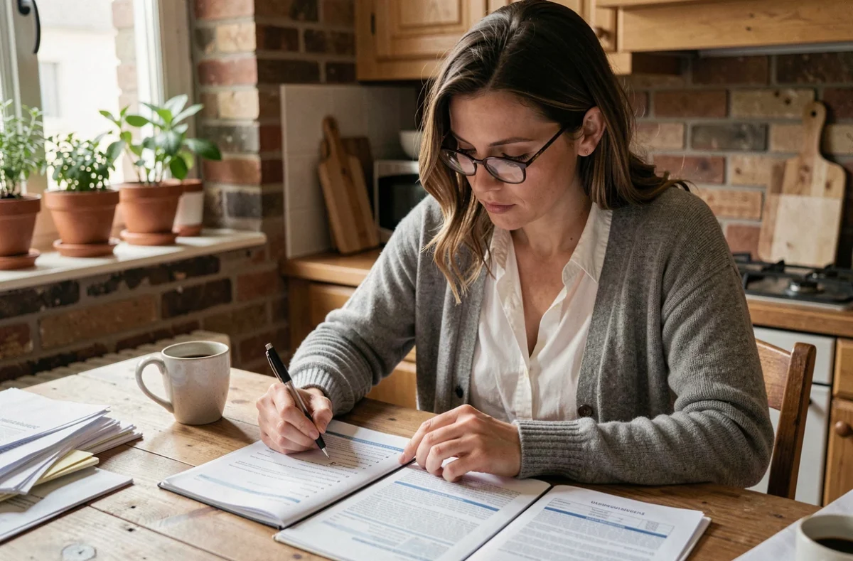 Femme consultant un contrat d'assurance habitation GMF à une table de cuisine avec annotations manuscrites