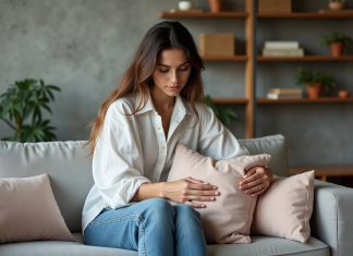 Décoration intérieure: conseils pour débuter en déco d’intérieur Jeune femme arrangeant des coussins dans un salon moderne
