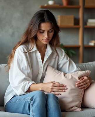 Jeune femme arrangeant des coussins dans un salon moderne