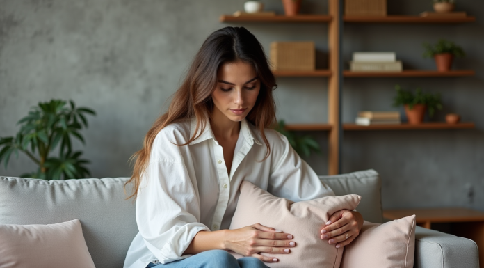 Jeune femme arrangeant des coussins dans un salon moderne