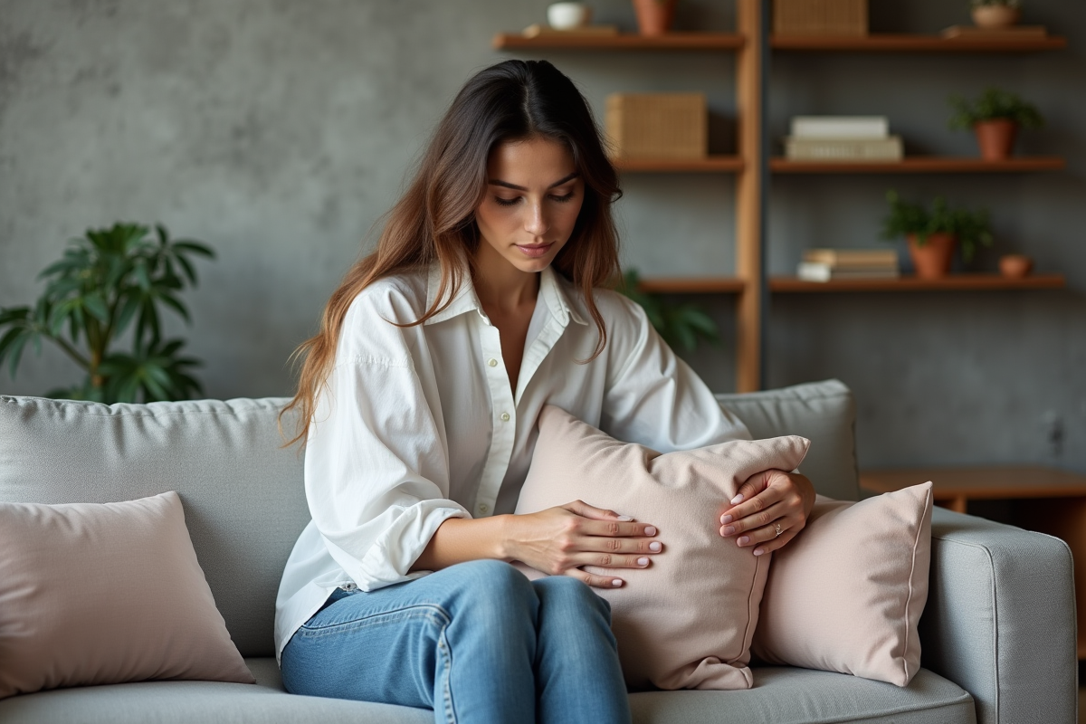 Jeune femme arrangeant des coussins dans un salon moderne