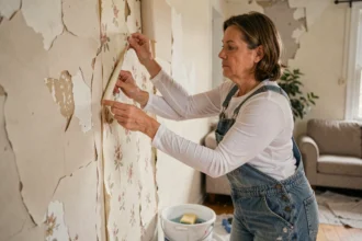Femme décollant du papier peint ancien dans une pièce en rénovation, avec des restes de colle visibles sur le mur