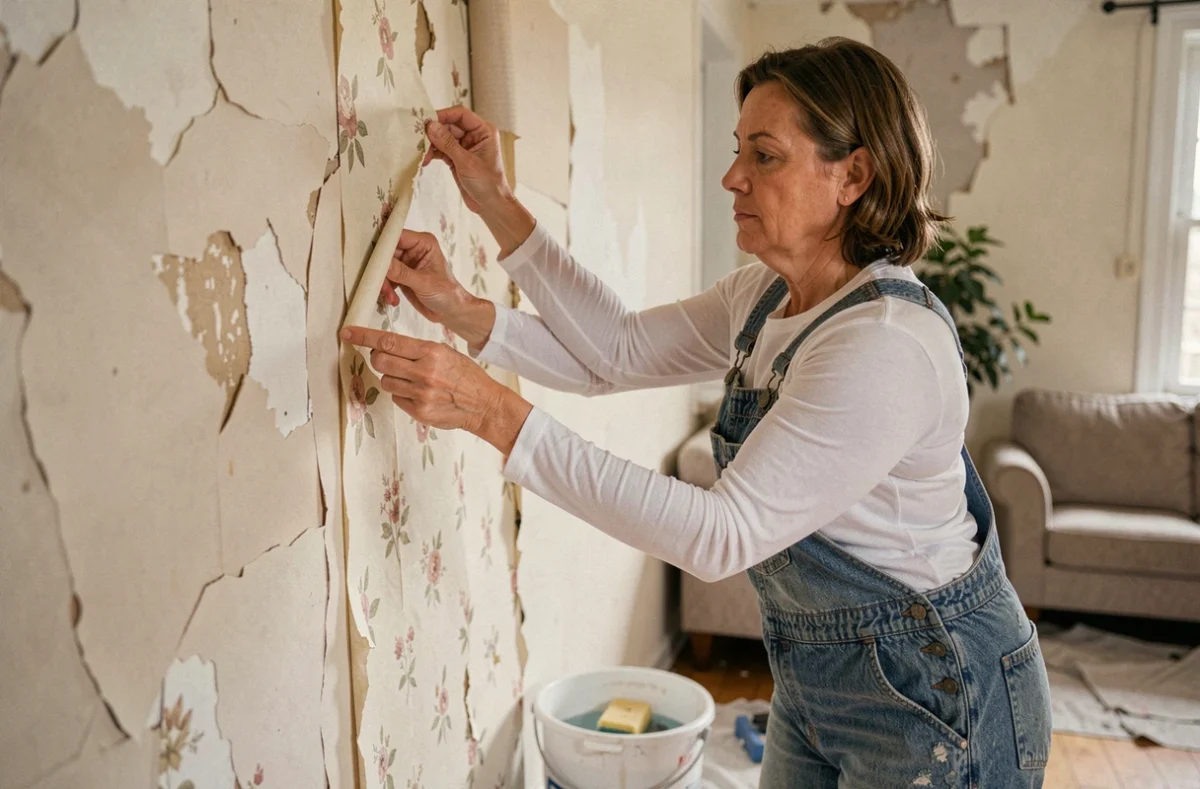 Femme décollant du papier peint ancien dans une pièce en rénovation, avec des restes de colle visibles sur le mur
