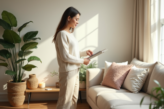 Femme en pull crème arrangeant des coussins dans un salon moderne