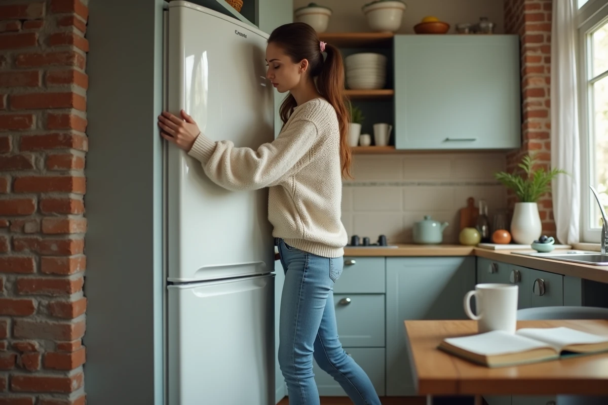 Jeune femme déplaçant son réfrigérateur dans une cuisine lumineuse