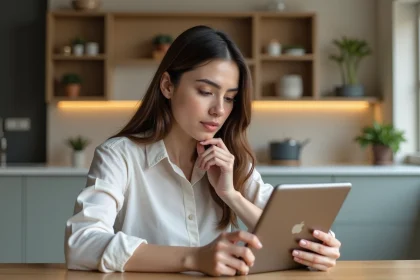 Femme réfléchissant en intérieur moderne avec tablette