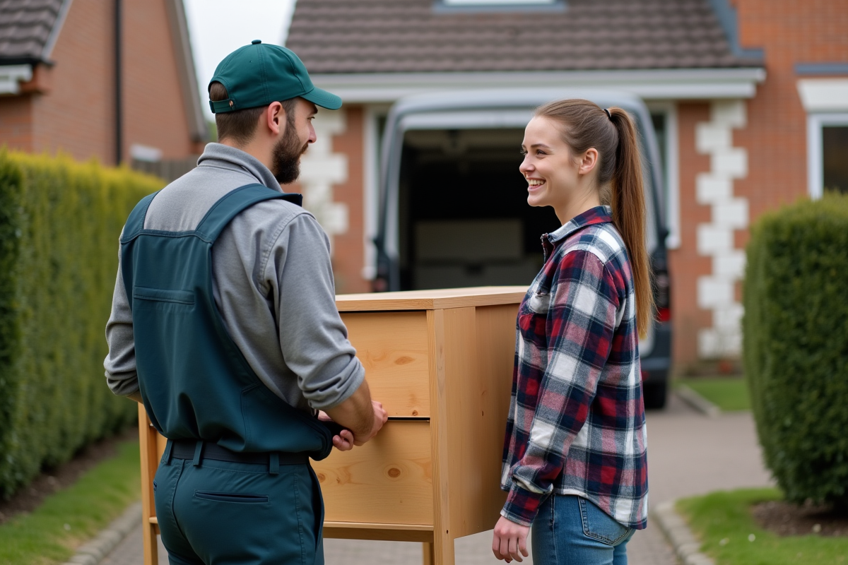 Jeune femme avec un déménageur discutant devant un vieux meuble dans une cour de banlieue