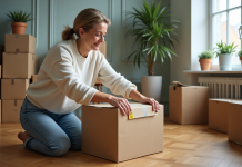 Femme d'âge moyen emballant une boîte en carton dans un salon