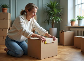 Utiliser les cartons d’emballage : bénéfices et astuces pratiques Femme d'âge moyen emballant une boîte en carton dans un salon