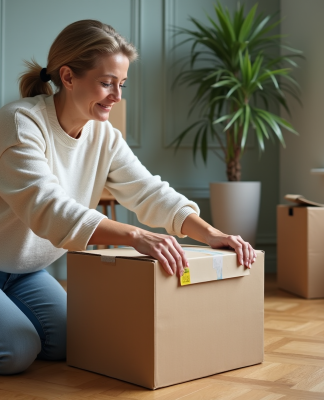 Femme d'âge moyen emballant une boîte en carton dans un salon