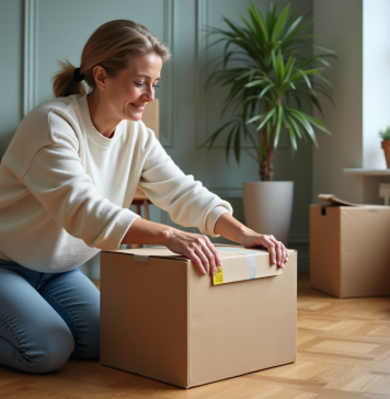 Femme d'âge moyen emballant une boîte en carton dans un salon