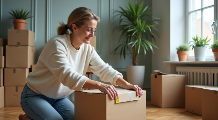 Femme d'âge moyen emballant une boîte en carton dans un salon