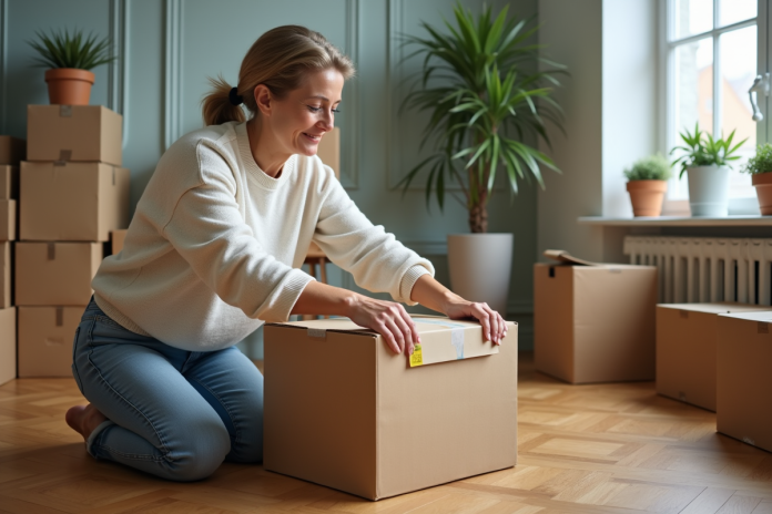 femme-emballage-demenagement Femme d'âge moyen emballant une boîte en carton dans un salon
