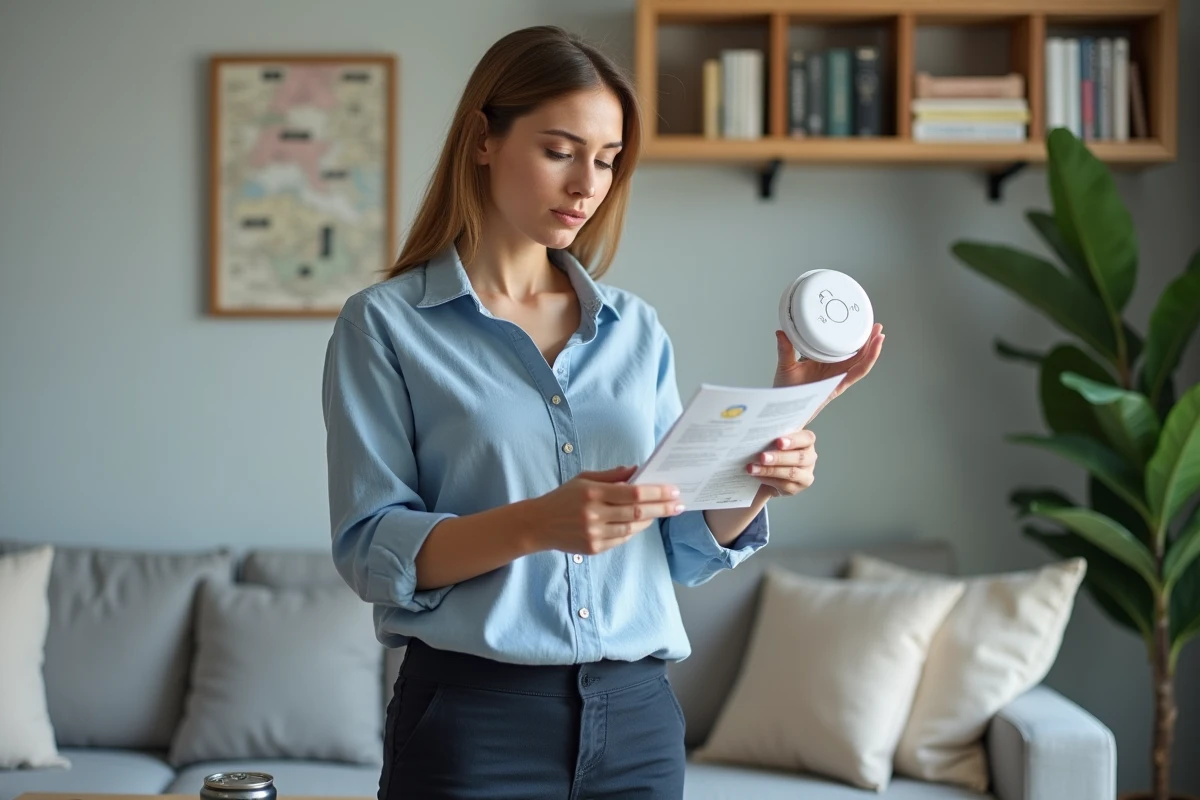 Femme consultant la notice d'un détecteur de fumée avant de procéder à son entretien dans un salon moderne