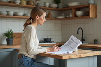 Femme en train d'étudier un devis de rénovation dans une cuisine