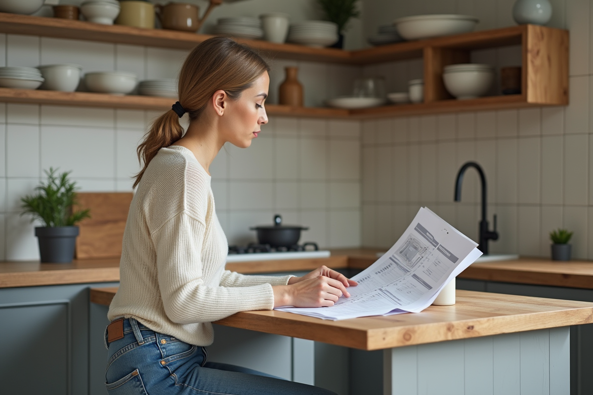 Femme en train d'étudier un devis de rénovation dans une cuisine