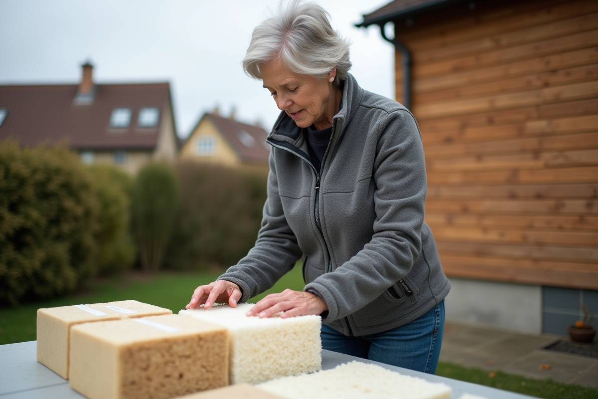 Femme comparant des matériaux d isolation en extérieur