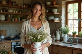 Femme arrangeant des fleurs dans une cuisine rustique