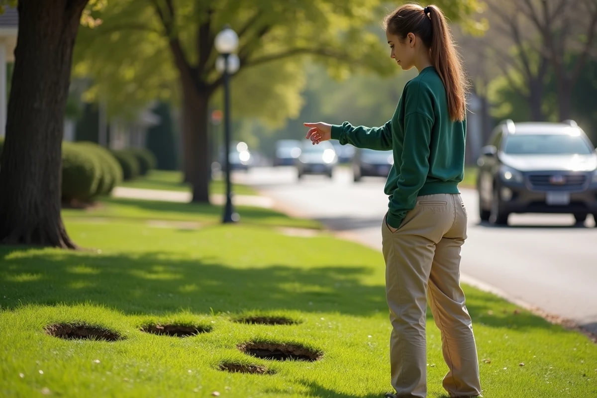 Jeune femme pointant des trous dans la pelouse du quartier
