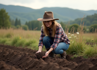 Permaculture : quel type de terrain choisir pour réussir ? Femme en jeans et chapeau inspectant la terre