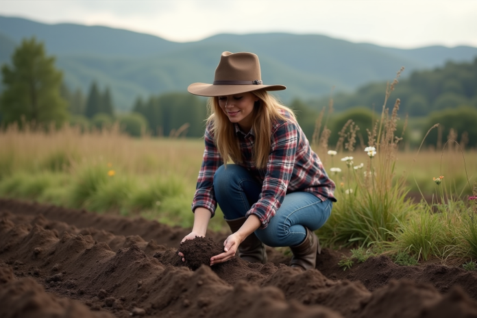 Femme en jeans et chapeau inspectant la terre