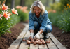 Femme en jardinage avec des lys dans un jardin