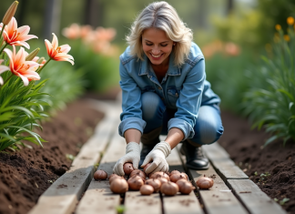 Multiplication des lys : comment ils se multiplient et comment les entretenir ! Femme en jardinage avec des lys dans un jardin