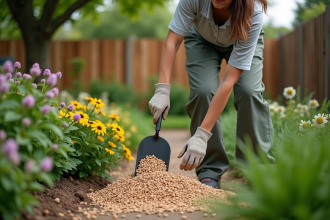 Femme en jardinage posant du mulch en pellets de bois
