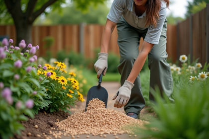 Femme en jardinage posant du mulch en pellets de bois