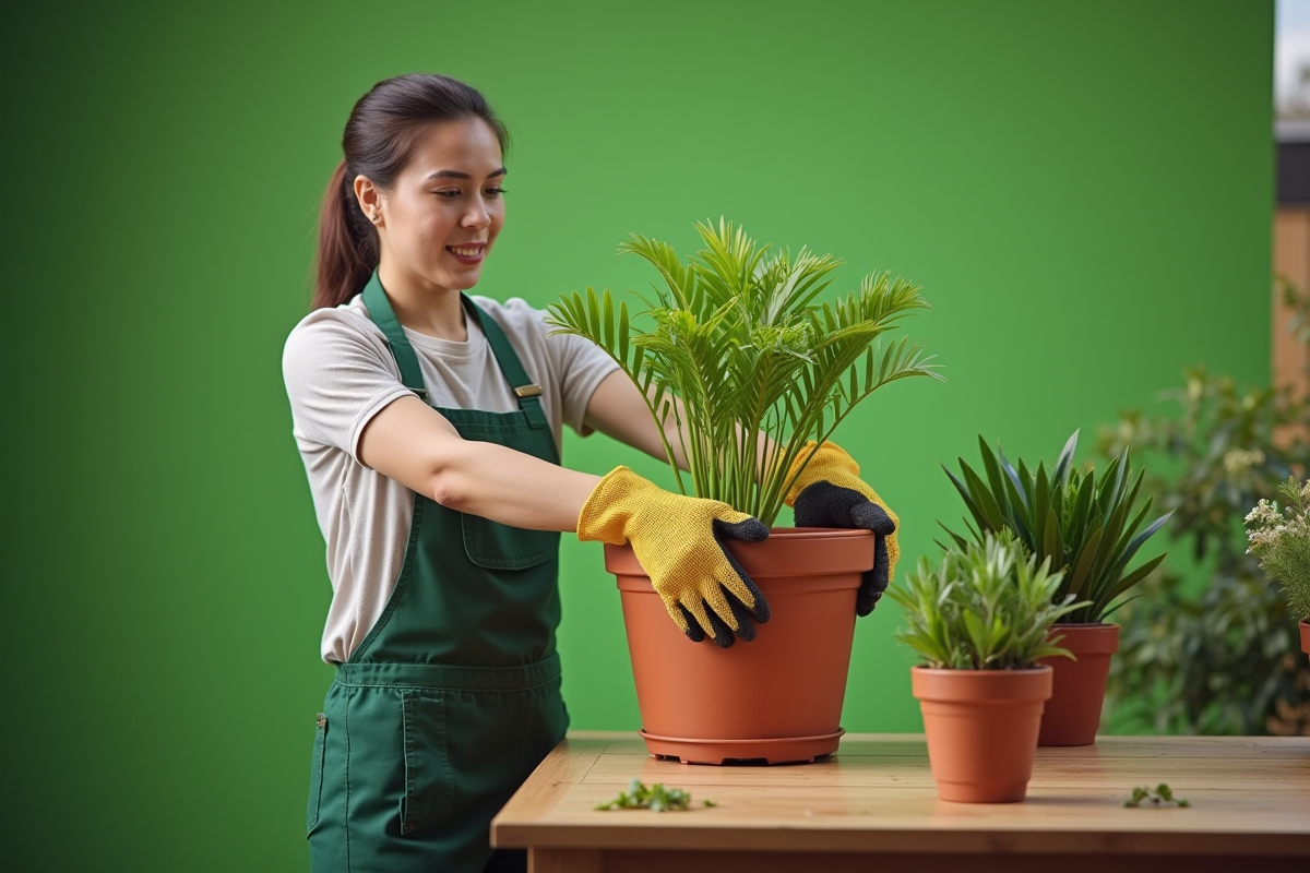Femme portant une plante en extérieur avec effort