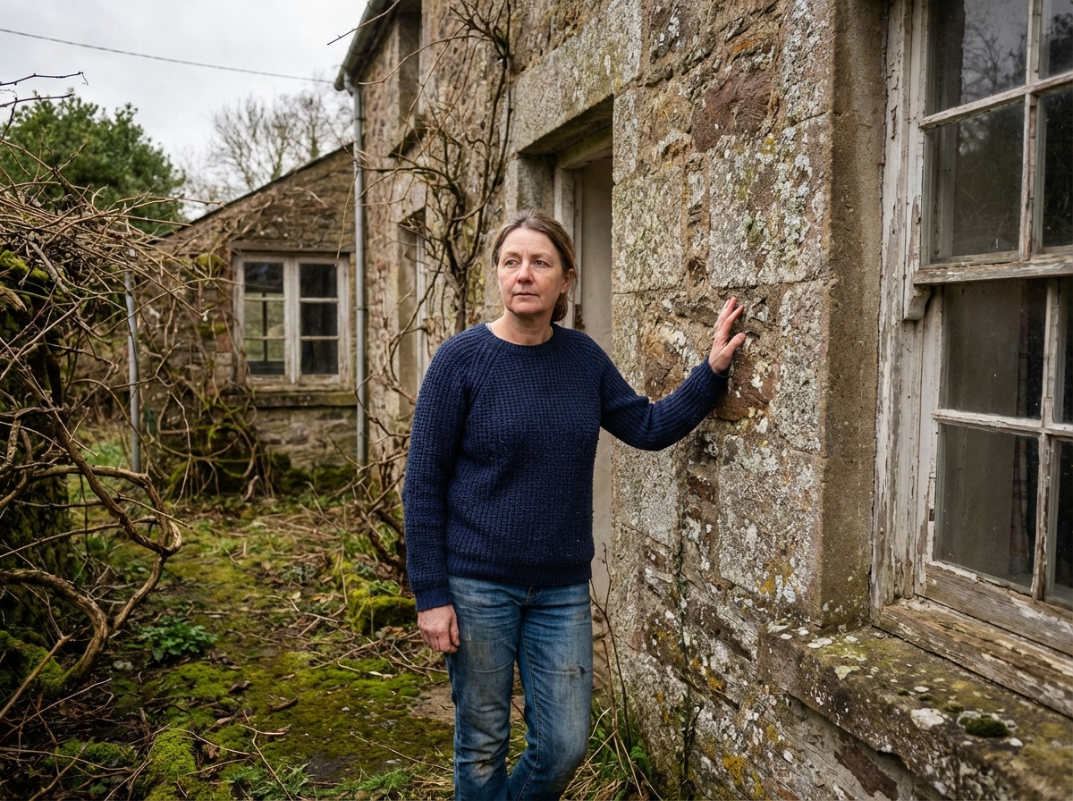 Femme d'âge moyen touchant une vieille maison en pierre