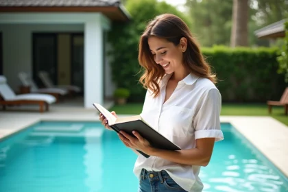 Femme vérifiant ses mesures près de la piscine en été