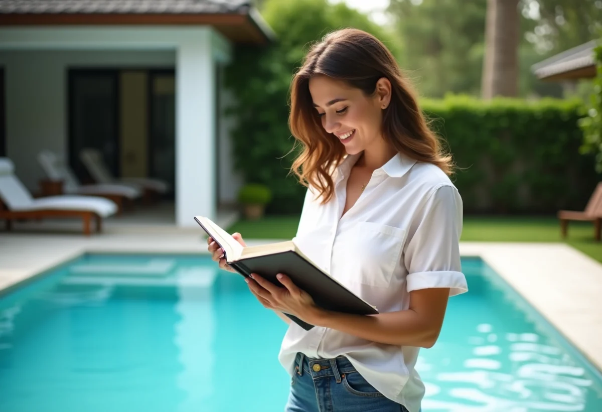 Femme vérifiant ses mesures près de la piscine en été