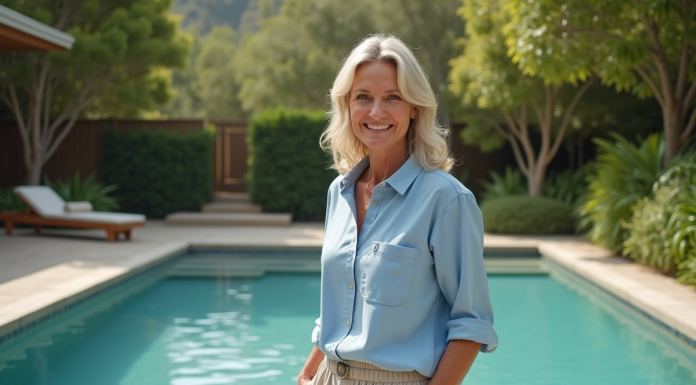 Femme souriante en extérieur près d'une piscine naturelle