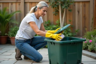 Femme nettoyant une poubelle extérieure avec des gants jaunes