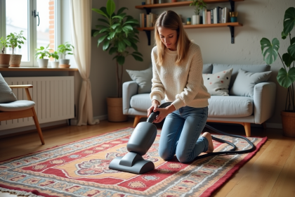 Femme nettoyant un tapis berbere dans un salon lumineux
