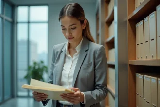 Femme en organisation de fichiers dans un bureau moderne