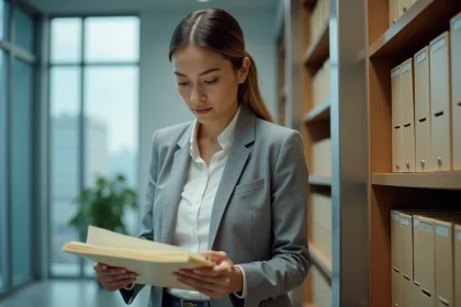 Femme en organisation de fichiers dans un bureau moderne